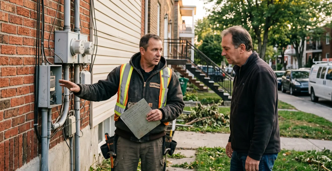 Un électricien discute avec un propriétaire devant une maison à Montréal.